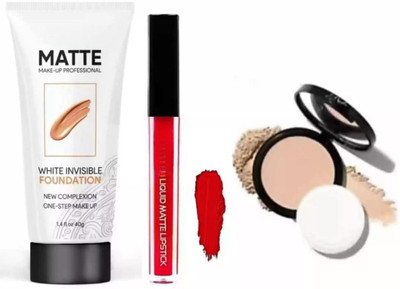 huemic Matte Perfect Foundation with Liquid Matte Lipsticks & Makeup Compact Powder(3 Items in the set)