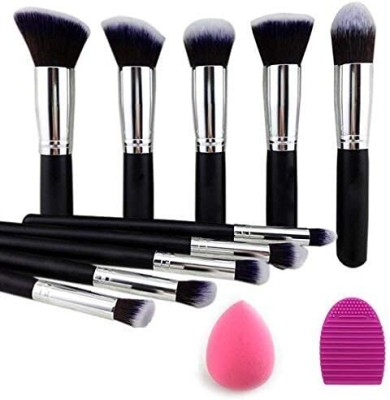 wotsriab Soft Bristles 10 Pcs Black Makeup Brushes Set with 1 Beauty Blender(Pack of 11)(Pack of 11)