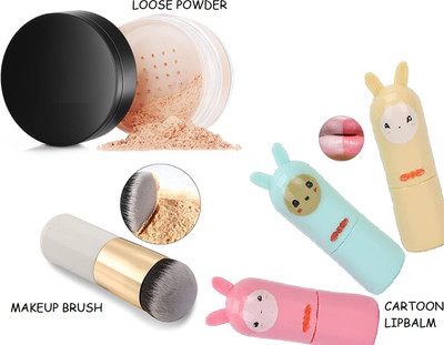 KAIASHA THE MOISTURIZING CARTOON LIP BALM FOR WOMANS AND GIRLS FRUITY AND LOOSE POWDER & MAKEUP BRUSH MINI COMBO(5 Items in the set)