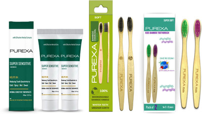 PUREXA Combo Pack of 2 Sensitive Toothpaste For Sensitivity Teeth & 2 Bamboo Charcoal Toothbrush & 2 Kids Bamboo Toothbrush Extra Soft(6 Items in the set)
