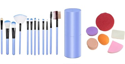 YCM 12pcs Makeup Eyeshadow Brush Foundation Lips Eyebrows Brush with Case Holder Kit & Sponge Puffs(18 Items in the set)