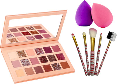 Mehaay cosmetics Eyesahdow Pallete with 5 pcs brushes , Sponge 2(4 Items in the set)