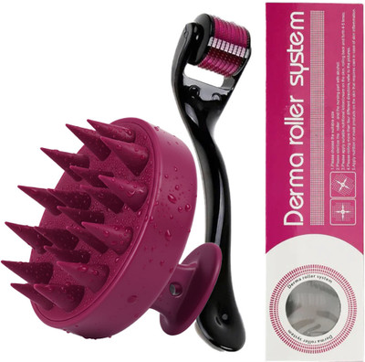 Piru Pink Scalp Massager with Derma Roller 0.5mm – Hair Stimulating System(2 Items in the set)