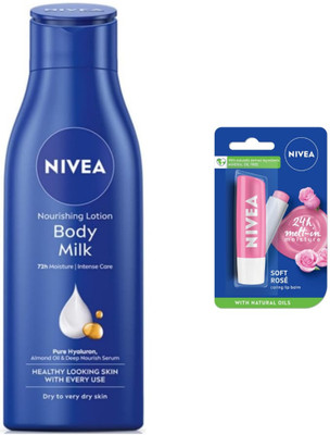 NIVEA Bodymilk 200ml lotion & Soft Rose Lipbalm Set of 2(2 Items in the set)