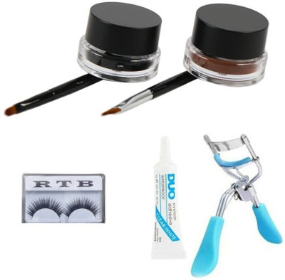 RTB Black and Brown Gel Eyeliner, Eyelash, Eyelash Glue With Eyelash Curler(5 Items in the set)