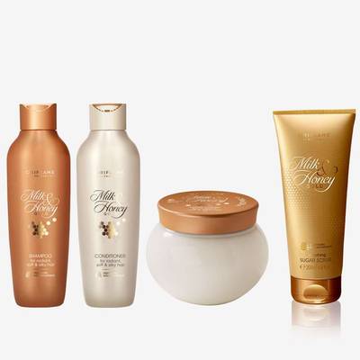 Oriflame MILK & HONEY GOLD Smoothing Sugar Scrub 200 ml , Shampoo 250 ml , Sugar Scrub 75 g , Hair Mask 250 ml , Conditioner 250 ml