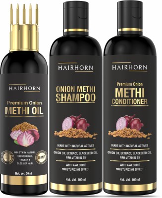 HairHorn Onion Methi (Fenugreek) Hair Care Kit (Shampoo + Hair Conditioner + Hair Oil)(1 Items in the set)