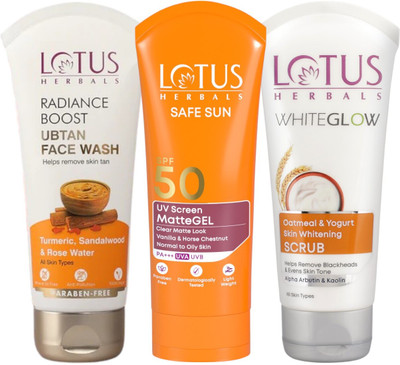 LOTUS HERBALS Radiance Boost Ubtan Facewash 100G, Oatmeal & Yogurt Scrub 100G with Safe Sun UV Screen MatteGEL Sunscreen SPF 50 PA+++ 100G(3 Items in the set) LOTUS HERBALS Radiance Boost Ubtan Facewash 100G, Oatmeal & Yogurt Scrub 100G with Safe Sun UV Screen MatteGEL Sunscreen SPF 50 PA+++ 100G(3 Items in the set)