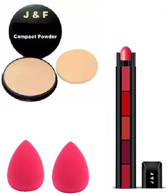 Zailie Face Compact Powder, Sponge Puff(2), 5 in 1 red Lipstick(5 Items in the set)