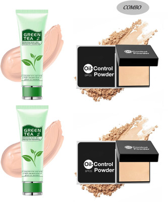 Luipui Premium Green Tea Whitening Foundation & Oil Control Powder Compact with SPF 25/ Waterproof, Lightweight(4 Items in the set)