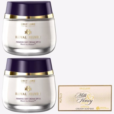 Oriflame ROYAL VELVET Firming Day Cream SPF 15 50 ml (pack of 2) with MILK & HONEY GOLD Softening Creamy Soap Bar 100g(3 Items in the set)