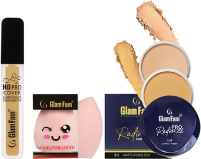 Glam Fam Pro Rdiance 2 In 1 Compact Powder| + | Liquid Concealer Matte Color With Makeup Blender(3 Items in the set)