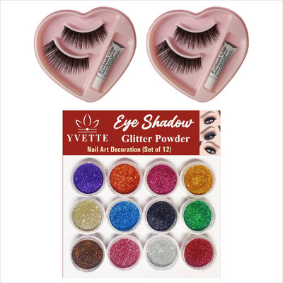 YVETTE EYE SHADOW GLITTER POWDER (12 PCS.), FALSE EYELASH WITH GLUE (2 SET)(2 Items in the set)