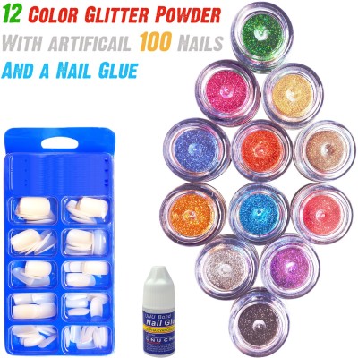 vizo Ultimate Best Eye Shadow Glitter powder 12 color + 100 False Nail + Glitter Glue(14 Items in the set)
