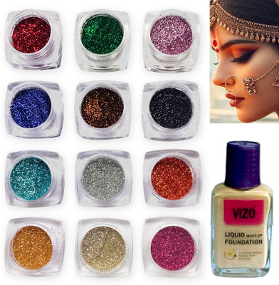 vizo Trending Eyeshadow Glitter and Rose Color Shade Foundation Makeup Combo(13 Items in the set)