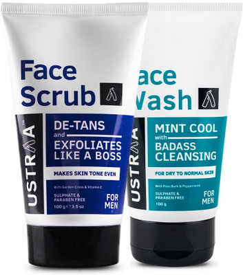 USTRAA Face Scrub for de-Tan & Face Wash - Dry Skin (Mint Cool)(2 Items in the set)