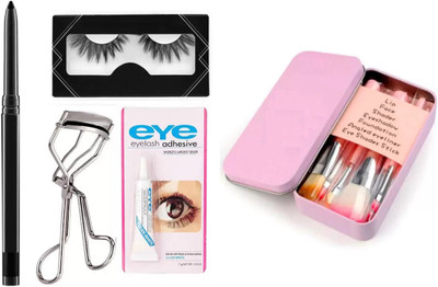 SUBHMUN Kajal & Waterproof False Eyelashes & Waterproof False Eyelash Glue & Set of 7 Pink Makeup Foundation Brush(4 Items in the set)