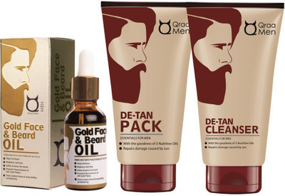 Qraa Men Gold Face And Beard Oil 30ml + De-Tan Pack for Men 120gm + De-Tan Cleanser for Men 100gm(3 Items in the set)