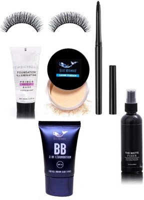 BLUEMERMAID BEST QUALITY COMBO KIT BB FOUNDATION PRIMER LOOSE POWDER FIXER CRAYON KAJAL & EYELASHES(6 Items in the set)