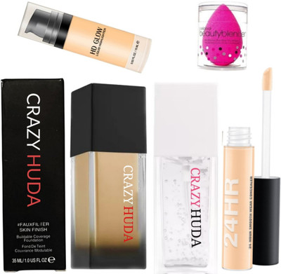 CRAZYHUDA Long lasting Liquid Foundation, Base Di Teint Primer, HD Glow Liquid Highlighter, 24 Hour Concealer With Make Up Blander(5 Items in the set)