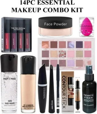 VIVIQ 14Pc Makeup Combo Kit With Primer Fixer Foundation Liquid Lipstick Eyeshadow Palette Mascara Eyeliner Contour Stick(14 Items in the set)