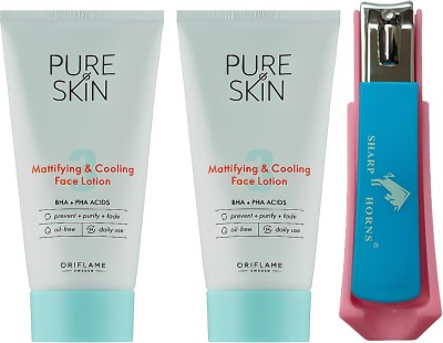 Oriflame PURE SKIN Mattifying & Cooling Face Lotion 50 ml ( pack of 2 ) with Nail Cutter Clippers , Fingernail ( Multicolour )(3 Items in the set)