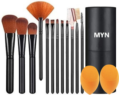 Sh.Huda Makeup Brush Set with Storage Box - 12 Piece Black Brushes and 2 Pcs beauty blender(14 Items in the set)