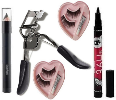 Glamezone Eyelash Curler & 36H Deep Black Liquid Eyeliner False Eyelashes Professional Set of 5 Makeup(5 Items in the set)