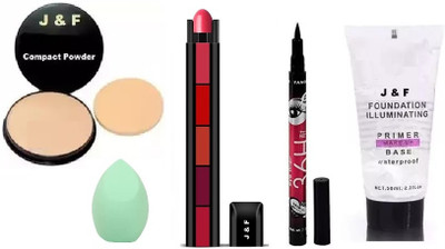 J & F Face Compact Powder, 5 in 1 Red Lipstick,Eyeliner,Blender Puff,Primer(5 Items in the set)