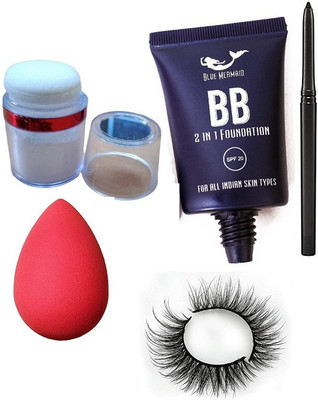SEUNG NEW FOUNDATION WITH SPONGE BLENDER & KAJAL & EYELASHES & SILVER HIGHLIGHTER(5 Items in the set)
