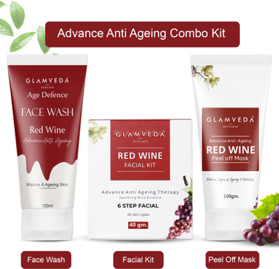 GLAMVEDA Red Wine Advance Anti Ageing Combo Gift Pack ( Face Wash + Facial Kit + Peel Off Mask )(3 Items in the set)