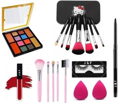J & F 12 color Eyeshadow Palette,5 pcs makeup brush,Eyelashes,Blender Puff ( Pack of 2(7 Items in the set)