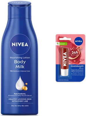 NIVEA Bodymilk 200ml lotion & Pomegranate Lipbalm Set of 2(2 Items in the set)