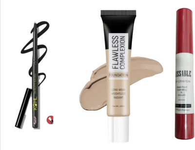 Kiss Beauty HR Cryon matte lipstick, Khol kajal,with Flawless foundation Combo of 3(3 Items in the set)