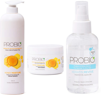 Godrej Professional Hair Combo Pack of Probio Honey Moisture Shampoo 1000ml , probio Honey Moisture Mask 500gm & Probio Keratin Revive serum(3 Items in the set)