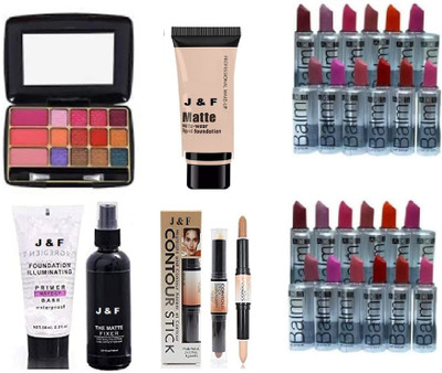 J & F 15 Color Eyeshadow ,Primer , Fixer foundation Contour stick , 24 Multicolor Balm lipstick(29 Items in the set)