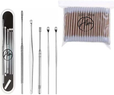 alku Ear Wax Cleaner Tools Set with Spring Curette & Earwax Remover Sticks with Cotton Buds for Cleaning Ear/Makeup remover(2 Items in the set)
