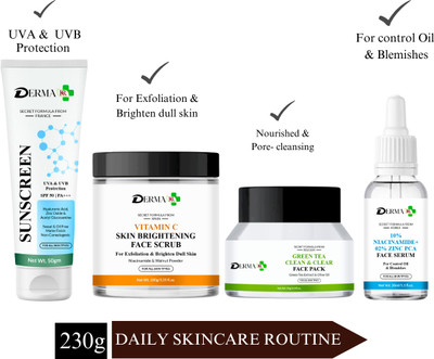 DERMA KR Hyaluronic Face Sunscreen + Vitamin C Skin FACE SCURB +Green Tea Clean Face Pack+ Niacinamide Face serum| Combo Pack -(4 Items in the set)