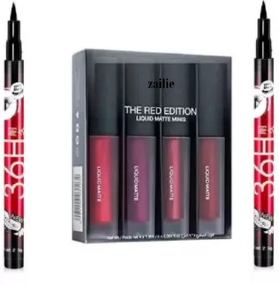 Zailie 4 in 1 Red edition Lipstick With 36 H eyeliner Set Of 2(6 Items in the set)