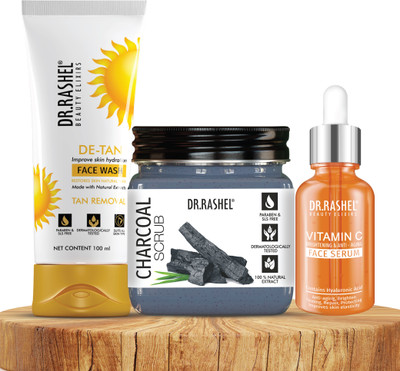DR.RASHEL Charcoal Scrub, De Tan Face Wash & Vitamin C Serum for Instant Glow & Anti Aging(3 Items in the set)