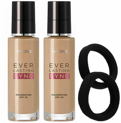 Oriflame The ONE Everlasting Sync Foundation SPF 30 30 ml ( Light Beige Neutral ) ( Pack of 2 ) with Black Rubber Bands 2 piece(4 Items in the set)