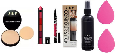 J & F Face Compact, 5 in 1 Red Lipstick,Eyeliner,Contour,Fixer,Blender Puff(2)(7 Items in the set)