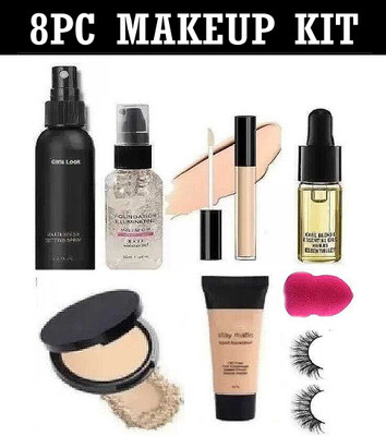 JIVOQ 8Pc Essential Makeup Combo Kit| Primer Fixer Foundation Concealer Compact Puff Eyelash Face Serum(8 Items in the set)