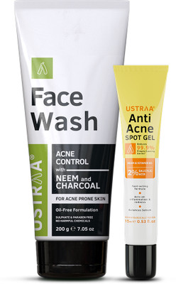 USTRAA Face Wash Acne Control - With Neem & Charcoal & Anti-Acne Spot Gel with Neem & Vitamin B3(2 Items in the set)
