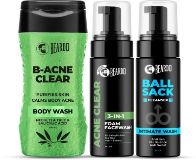 BEARDO B-acne Clear Body Wash, Foam Face wash & Ball Sack Intimate Wash | For Body Acne(3 Items in the set)