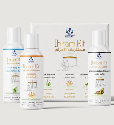 LIVORT Hajj & Umrah Kit Fragrance Free | Face and Body Wash, Sunscreen, Shampoo and Conditioner(3 Items in the set)(3 Items in the set)