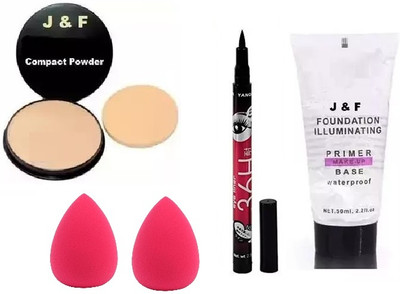 J & F Face Compact, Eyeliner, Blender Puff ( 2 ), Primer(5 Items in the set)
