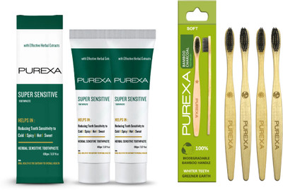 PUREXA Combo Pack of 2 Sensitive Toothpaste For Sensitivity Teeth With Goodness of Herbs & 4 Bamboo Toothbrush Extra Soft Tooth brush(6 Items in the set)