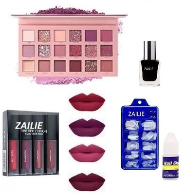 Zailie 18 Color Eyeshadow , 4 in 1 Red lipstick ,100 Nails , Black Nail Polish(8 Items in the set)