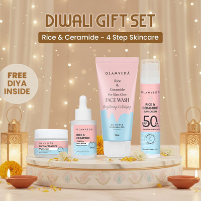 GLAMVEDA Korean Rice & Ceramide Skincare Diwali Gift Set |Face Wash, Moisturizer, Face Serum & Sunscreen |With 2 Decorative Diya|(4 Items in the set)